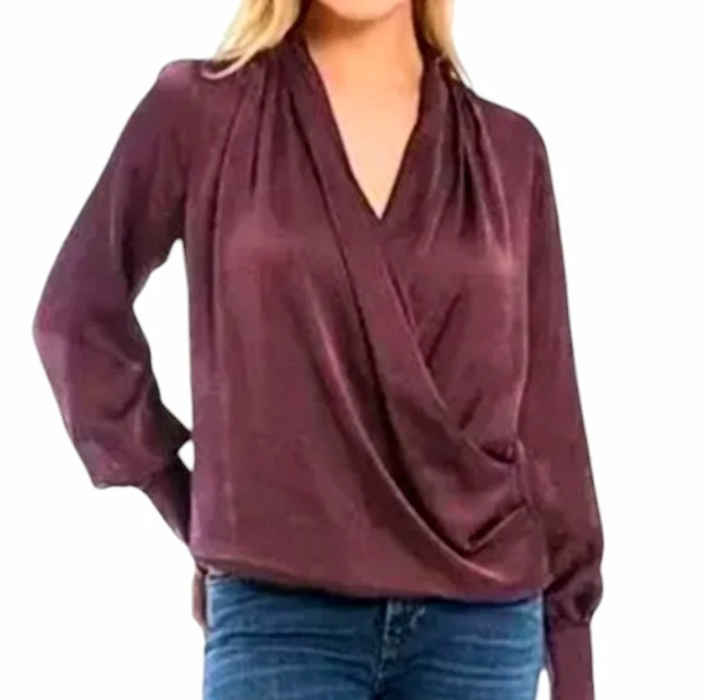 Band Of Gypsies Mon Cheri Plum Satin Faux Wrap Blouse Size XS